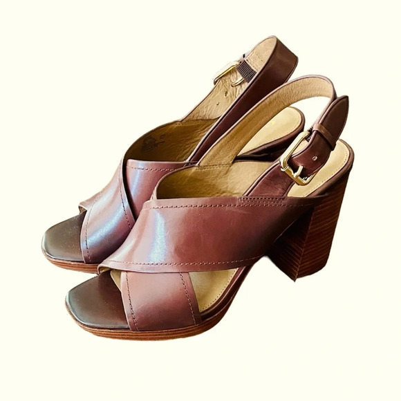 Coach Bristol women’s leather block heel buckle sandals LIKE NEW! SZ 8.5 brown - Picture 1 of 10
